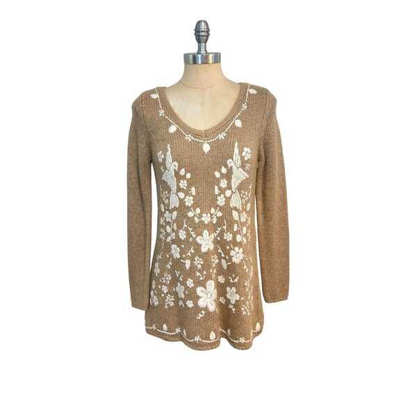 Soft Surroundings Tan Embroidered Knit Sweater NWT Floral Bird Design XS - Picture 1 of 5